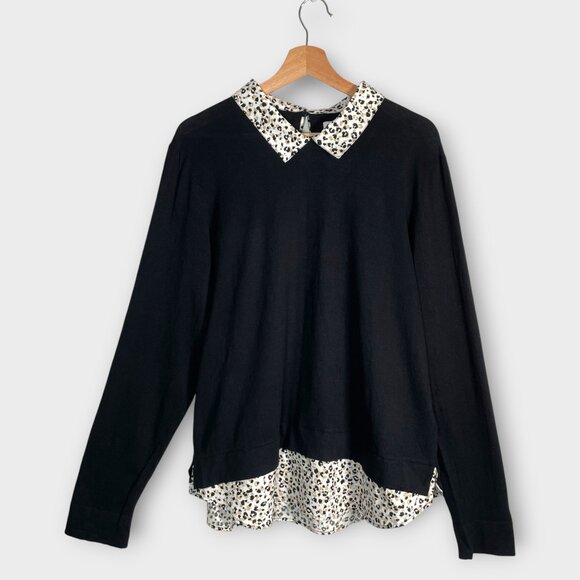 J Crew Sweater Black Womans XL Animal Print Faux Shirt Lightweight 100% Cotton - Picture 1 of 7